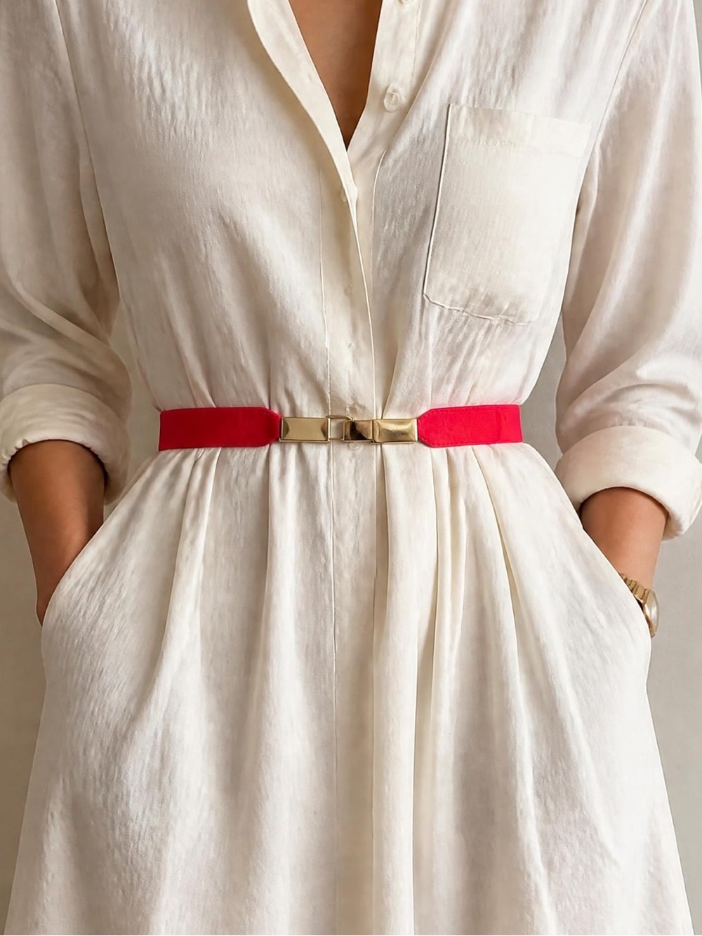 90s Vintage Women’s Elastic & Pleather Red Thin Belt with Gold Clasp Hook Buckle